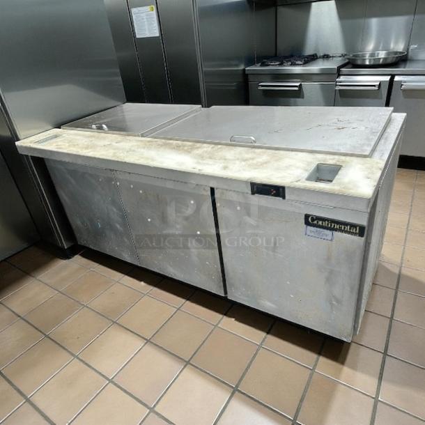 Continental Refrigerator SW72N30M-FB, 72" three-door refrigerated prep table in excellent condition, tested and working.