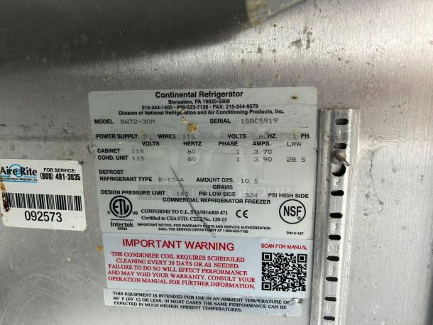 Continental Refrigerator SW72N30M-FB label showing model, power supply, refrigerant type R-134A, and service contact info.