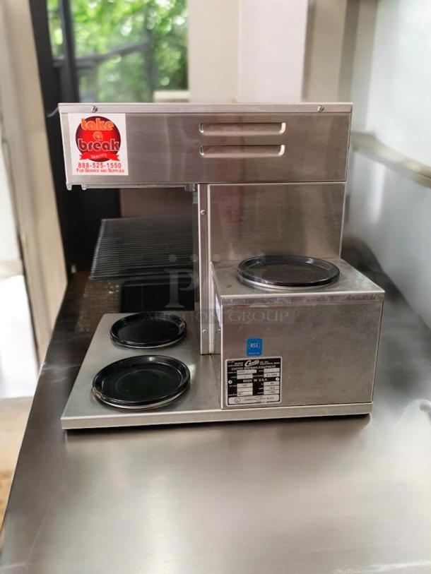 Curtis Alpha Automatic Coffee Brewer, excellent condition, dual warmer, tested working. Visible labels indicate model and specs.