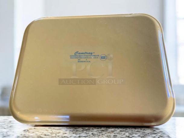 Tan Cambro Camtray 1520 rectangular cafeteria tray in excellent condition. Features Cambro branding and NSF certification on back.