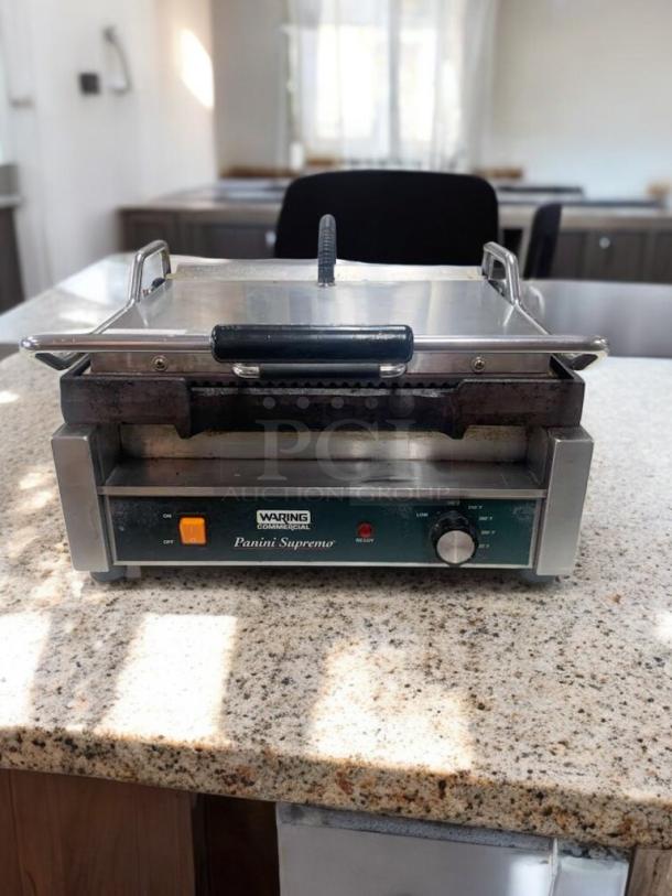Waring Commercial Panini Supremo Sandwich Grill, stainless steel, excellent condition, tested and working, controls visible.
