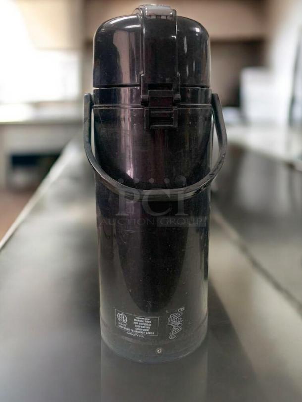 BUNN Airpot Coffee Server, black, push-top dispenser, excellent condition, tested working, capacity 2.2L, model label visible.