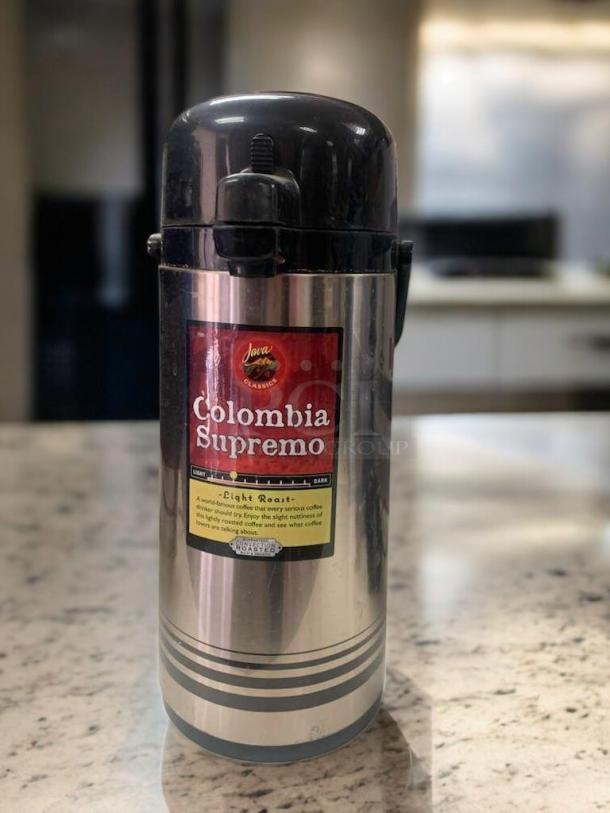 Java Classics Colombia Supremo Airpot Coffee Server in excellent condition, tested and working, with light roast branding.
