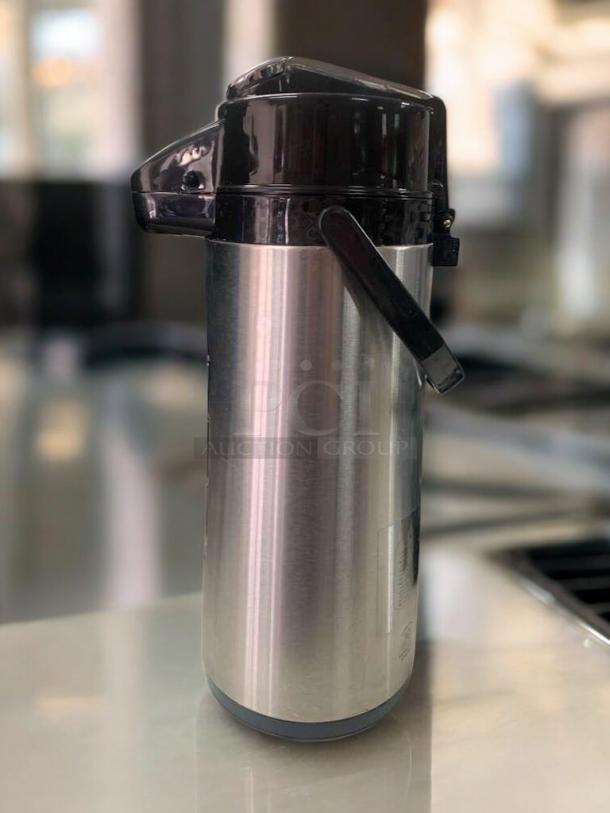 Java Classics Colombia Supremo Airpot Coffee Server, excellent condition, tested and working, stainless steel with light roast branding.