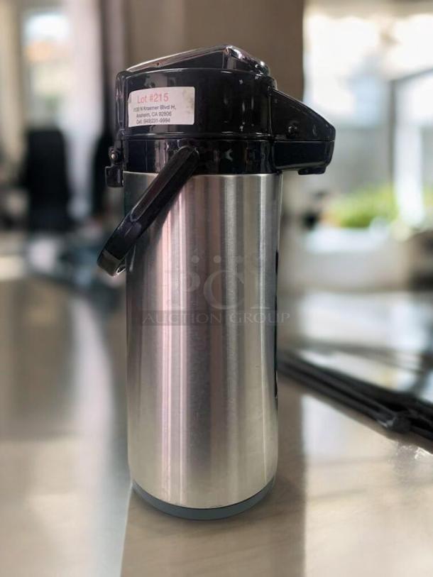 Java Classics Colombia Supremo Airpot Coffee Server, excellent condition, stainless steel body, light roast branding, tested and working.