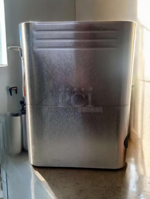 Curtis GemX GEN3 iced tea dispenser, stainless steel, excellent condition, tested, working, mango iced tea graphic.