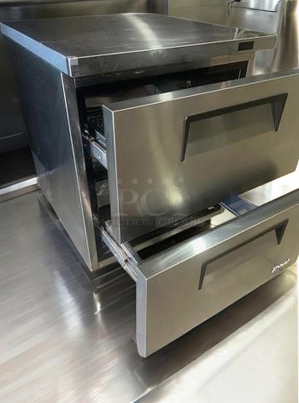 Turbo Air TUR-28SD-D2-N undercounter refrigerator, 28", stainless steel, two drawers open, superb condition, 115V.