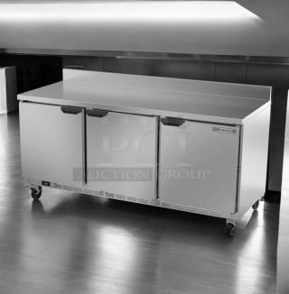 Beverage-Air WTR72AHC-FIP 72" worktop refrigerator, 3-section, immaculate condition, 115V, fully tested, stainless steel.