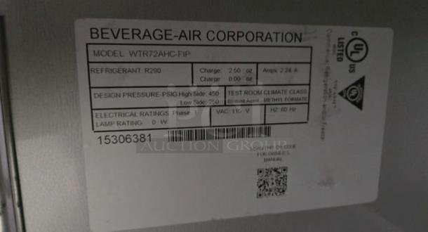 Beverage-Air WTR72AHC-FIP refrigerator label, 115V. Details refrigerant R290, pressures, and electrical ratings.
