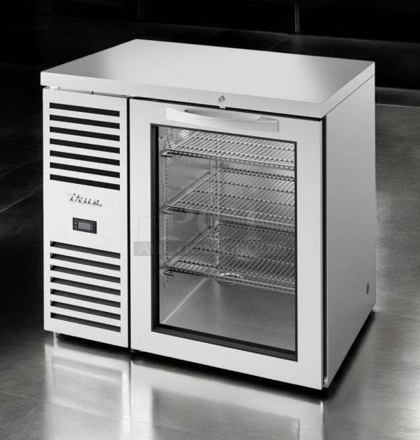 True TBR36-RISZ1-L-S-G-1 bar refrigerator, glass door, 115V, top-tier condition, fully tested, three wire shelves.