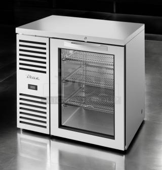 True TBR36-RISZ1-L-S-G-1 bar refrigerator, glass door, 115V, top-tier condition, fully tested, three wire shelves.