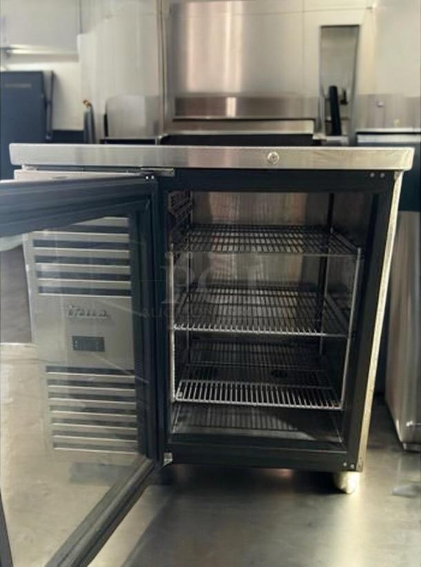 True TBR36-RISZ1-L-S-G-1 36" bar refrigerator with glass swing door, stainless steel, top-tier condition, 115V, open door view.