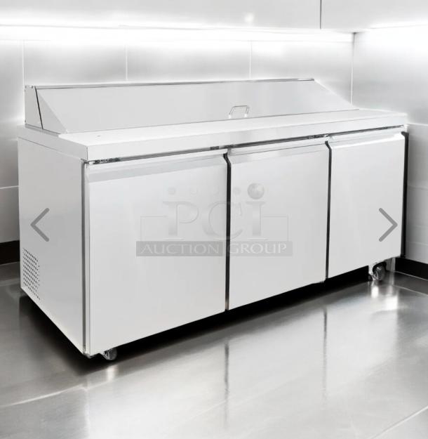 Immaculate MoTak MST-72-X 70” refrigerated sandwich/salad prep table, 115V, fully tested, three doors, stainless finish.