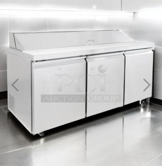 Immaculate MoTak MST-72-X 70” refrigerated sandwich/salad prep table, 115V, fully tested, three doors, stainless finish.