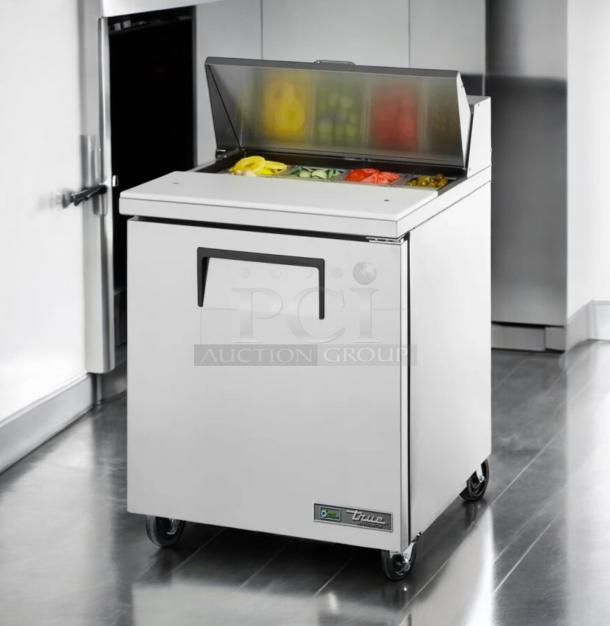 True TSSU-27-08-HC 27" sandwich/salad prep table in outstanding condition with top ingredient bins and 115V power.