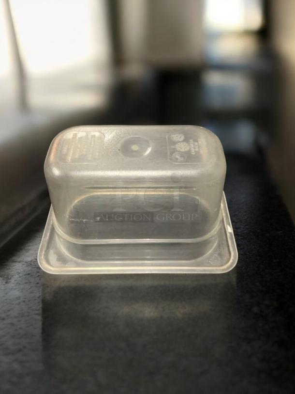 Commercial grade clear polycarbonate food container, 1/9 size, 4" deep, excellent condition, NSF approved, tested and cleaned.