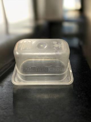 Commercial grade clear polycarbonate food container, 1/9 size, 4" deep, excellent condition, NSF approved, tested and cleaned.