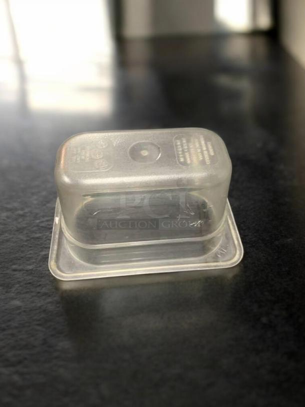 Clear food container, commercial grade, 1/9 size, 4" deep, polycarbonate, excellent condition, NSF approved, tested and cleaned.