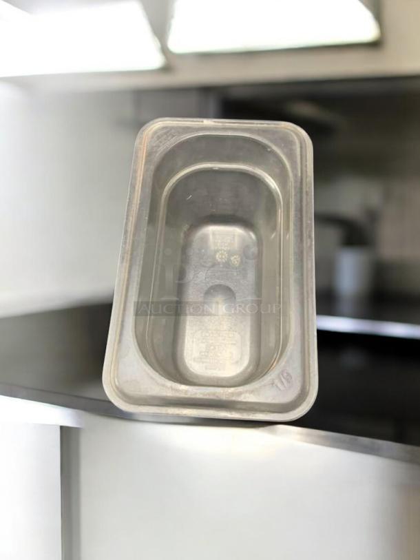 Commercial grade NSF-approved 1/9 size polycarbonate food pan, 4" deep, excellent condition, tested and cleaned.