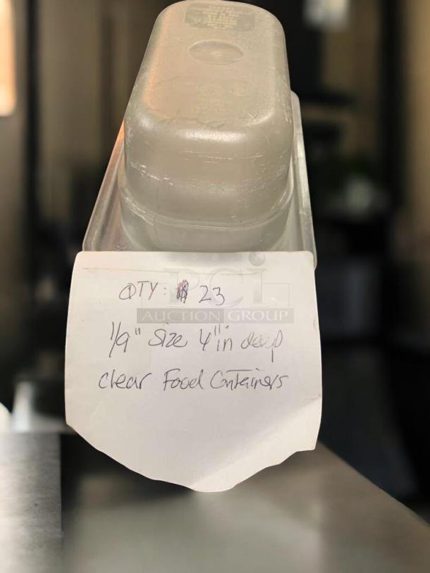 Clear polycarbonate food container, 1/9 size, 4" deep, excellent condition. NSF approved, tested, cleaned. Quantity: 23.