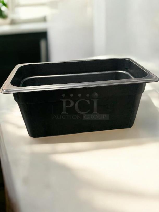 Black 1/9 size food storage container, 4" deep, NSF polycarbonate, excellent condition, Cambro/Carlisle compatible.