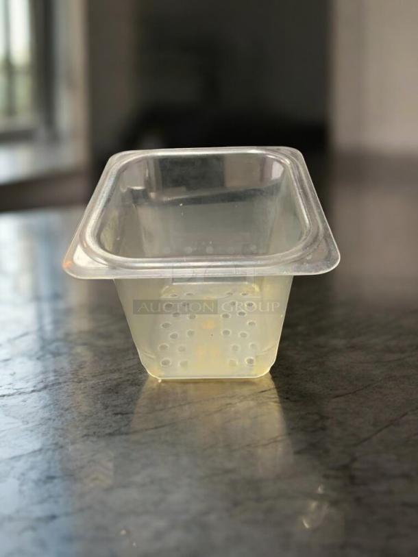 Clear 1/6 size food storage container, 6" deep, polycarbonate, excellent condition, NSF certified, commercial grade.