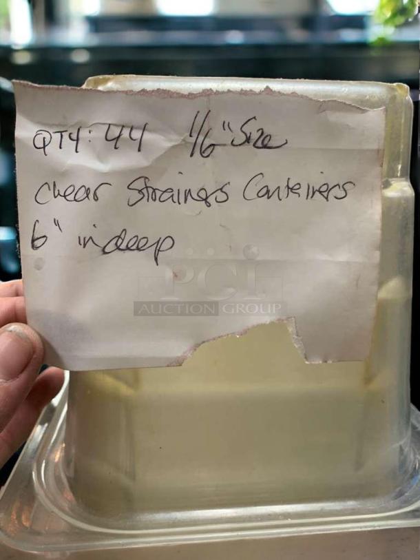Clear 1/6 size food storage container, 6" deep, NSF polycarbonate, excellent condition, commercial grade, clean and ready.