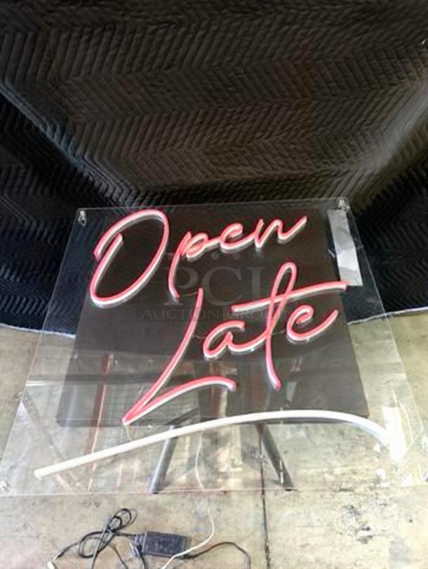 Custom "Open Late" Neon LED Wall Sign, pink/white script, excellent condition, 110V, tested and working.