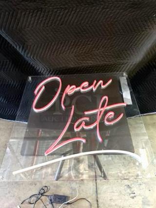Custom "Open Late" Neon LED Wall Sign, pink/white script, excellent condition, 110V, tested and working.