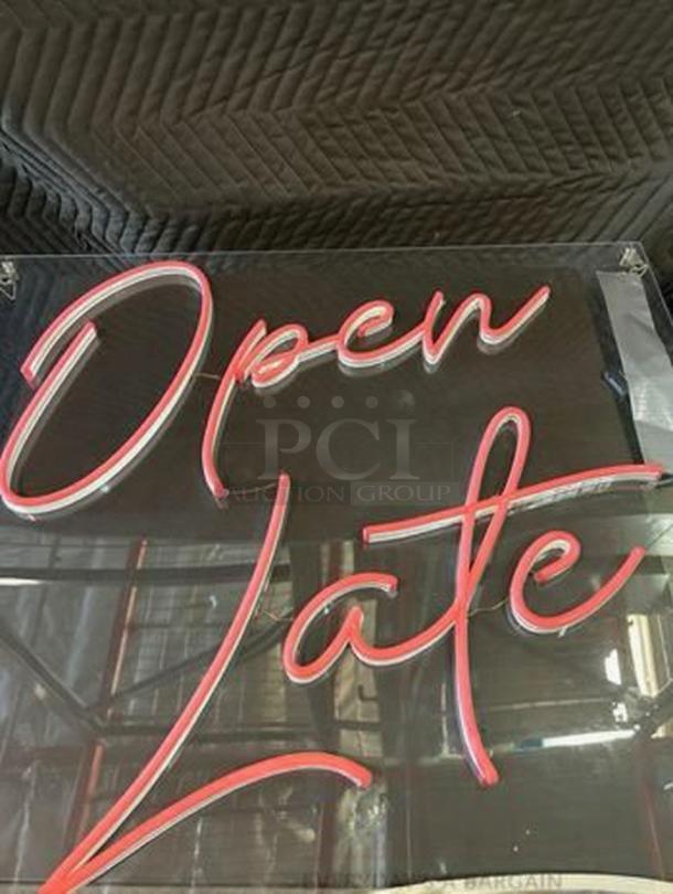 Custom "Open Late" Neon LED Wall Sign, pink/white script, 110V, excellent condition, tested and working.