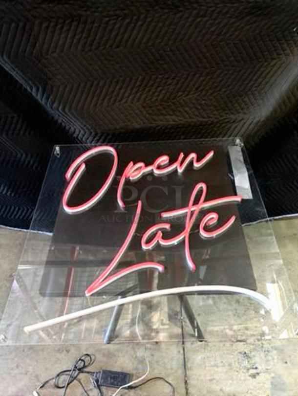 Custom "Open Late" Neon LED Wall Sign, pink/white script, 110V, excellent condition, tested working, Custom Design Neon LED.