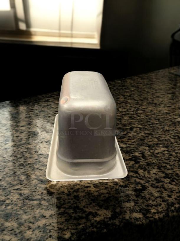 Stainless steel 1/9 size food pan, 6" deep, excellent condition, NSF certified, compatible with Vollrath/Winco/Cambro.