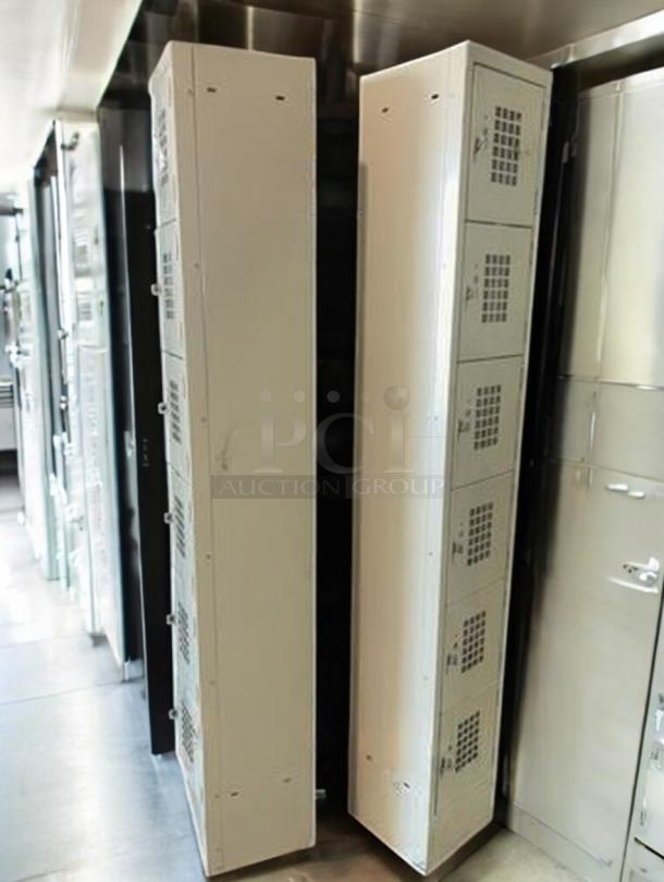 Excellent condition 6-tier metal lockers, ventilated steel storage units, tested and fully functional, Generic Industrial model.