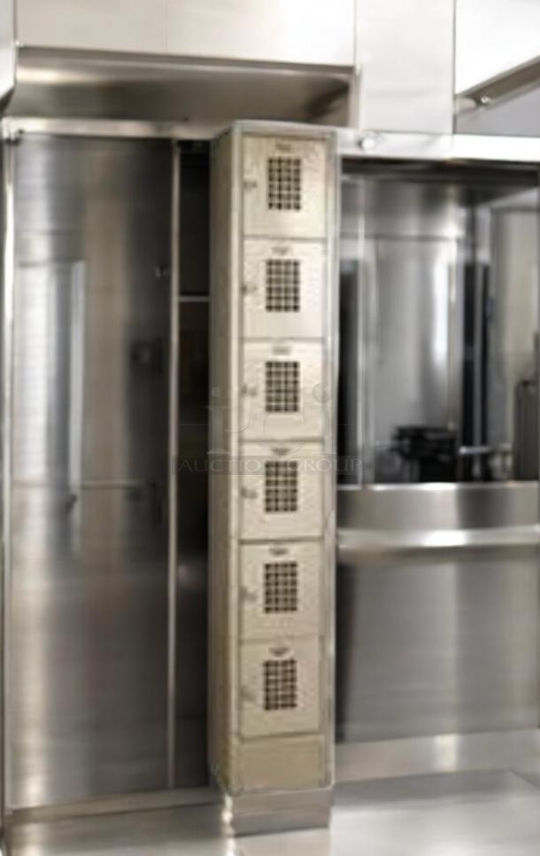 6-Tier ventilated metal lockers, excellent condition, steel, industrial/commercial series, tested, fully functional.