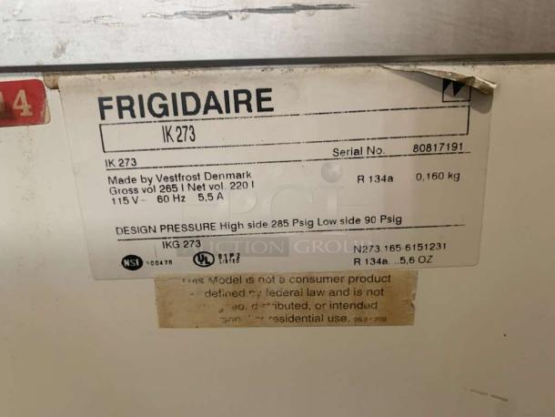 Frigidaire commercial freezer, Model IK273, stainless steel, excellent condition, tested working. Manufactured by Vestfrost, Denmark.