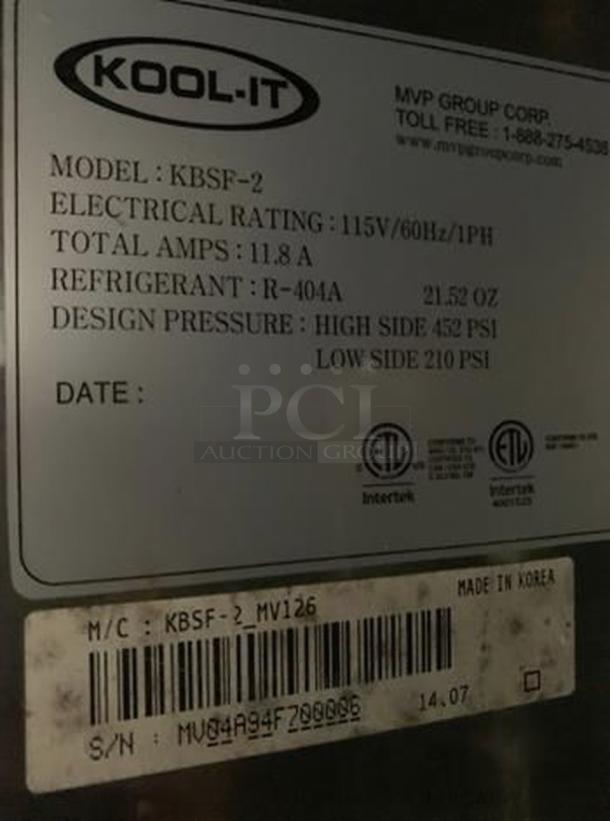 Label on Kool-It KBSF-2 freezer showing model info, 115V, 11.8A, R-404A refrigerant, and Intertek certifications. Made in Korea.