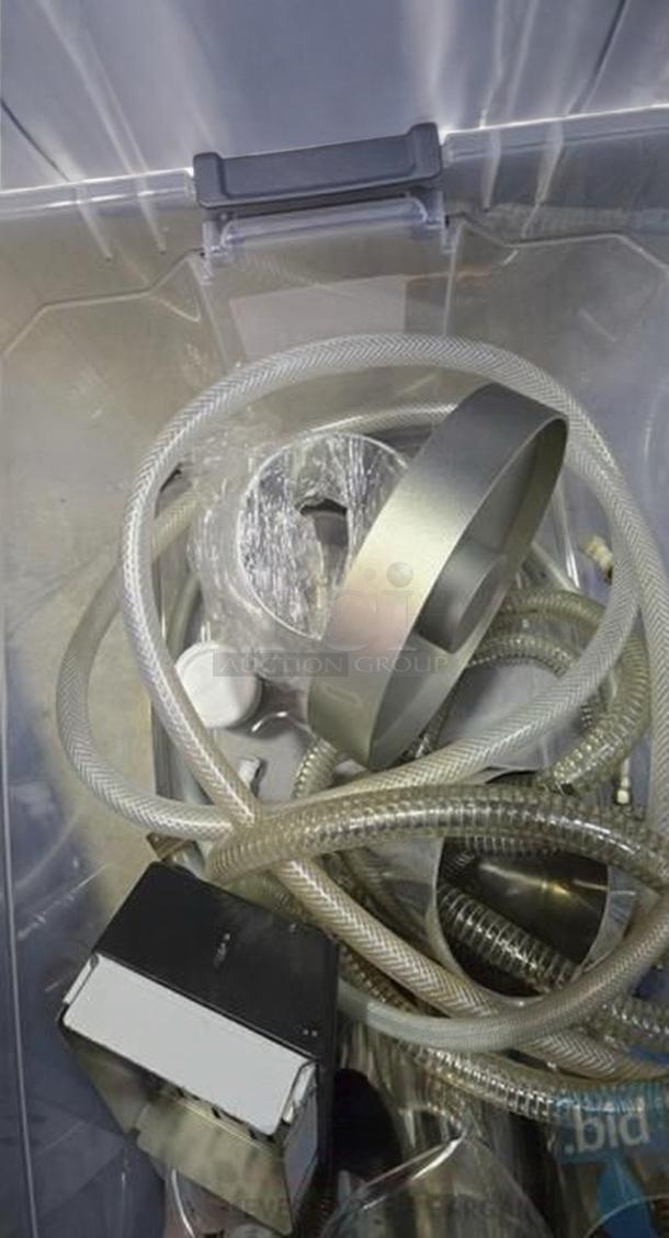 Container of components for Anhui Linkbar Double Favor espresso machine, includes hoses and parts, showing excellent condition.