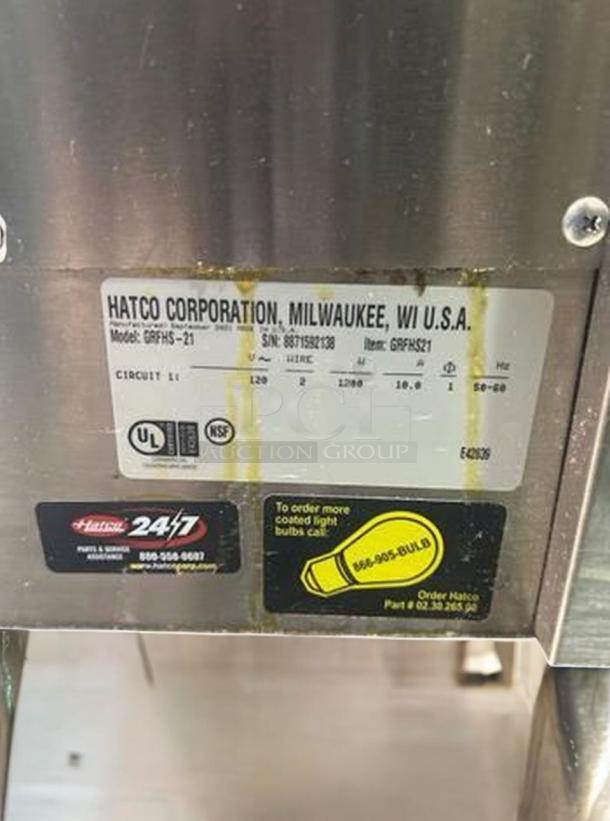 Hatco Corporation equipment label displaying model GRFHS-21, serial number 8871582138, UL and NSF certifications.