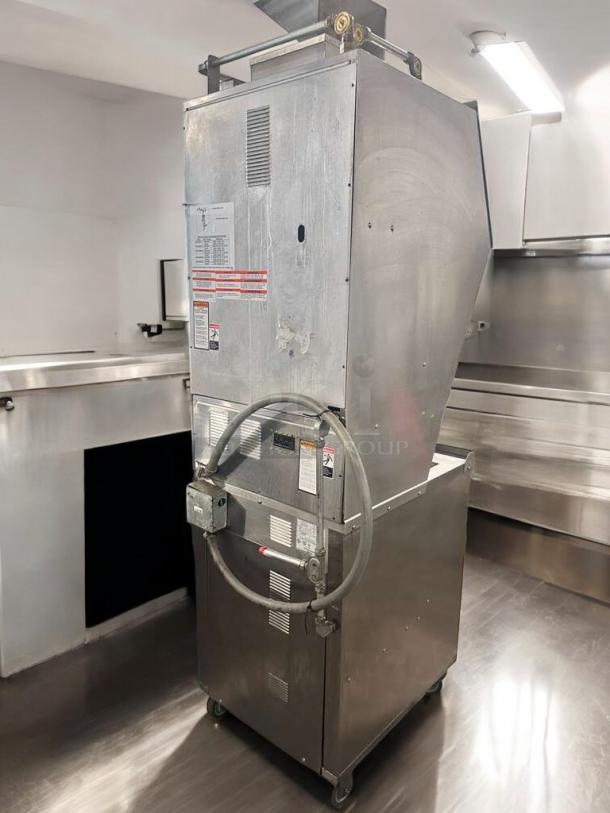 Immaculate Giles WOG-MP-VH ventless electric fryer with built-in hood, 208V, fully tested. Features stickers and control panel.