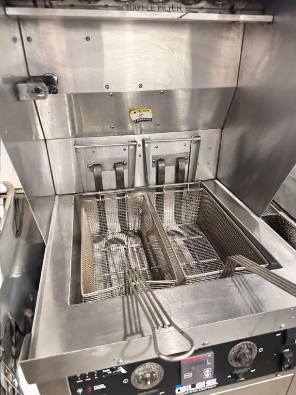 Immaculate Giles WOG-MP-VH ventless electric fryer with built-in hood, 208V, dual baskets, control panel, caution surface label.