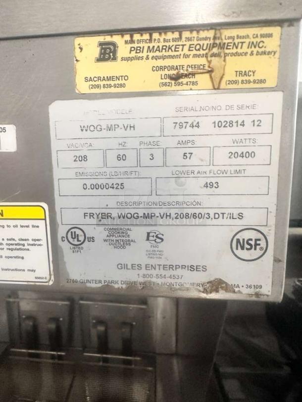 Immaculate Giles WOG-MP-VH ventless fryer, 208V, built-in hood, fully tested. Tags show model, voltage, and NSF certification.
