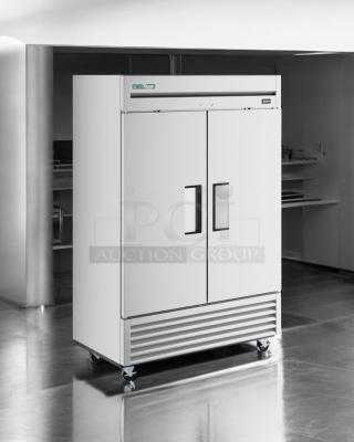 True T-49 two-door refrigerator in superb condition; solid doors, 115V, fully tested, brand label visible.