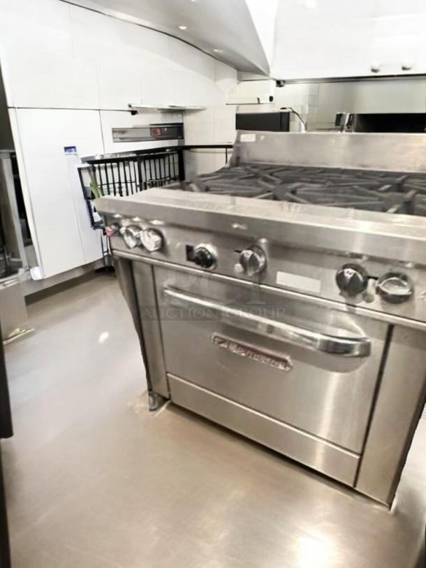 Southbend S36D 6-burner gas range with oven, stainless steel, excellent condition, natural gas, fully tested and functional.