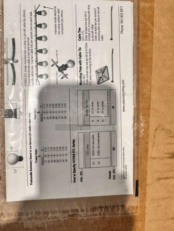 Brand New Celestial Lighting HYDRA STL String Light Set in box; unused, commercial-grade LED system, UL listed, detailed specs shown.