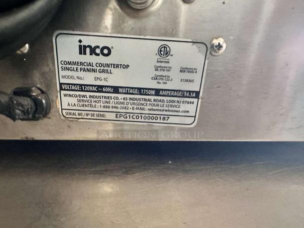 INCO EPG-1C Single Panini Grill, commercial countertop model, 120V, 1750W, superb condition, fully tested, ETL certified.