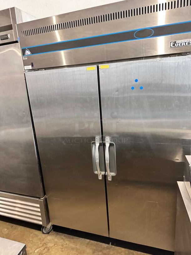 Everest ESR2 two-door reach-in refrigerator, stainless steel, 115V, immaculate condition, fully tested, Everest label visible.