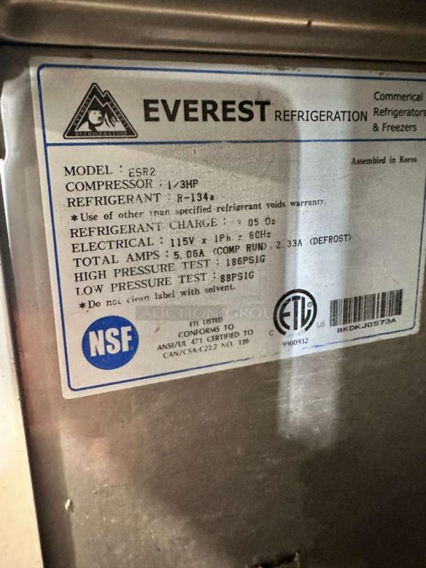 Everest ESR2 two-door refrigerator in immaculate condition. Features include 115V, tested and working, with NSF certification.
