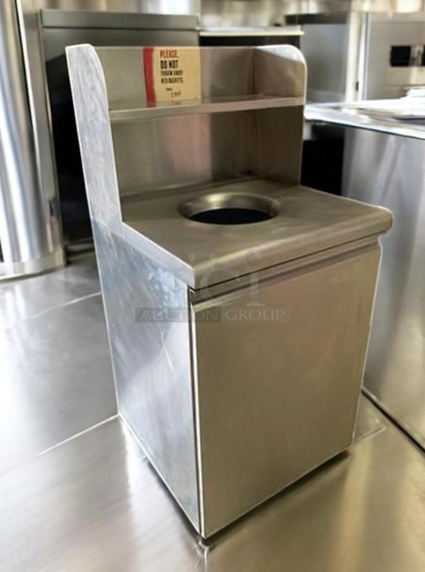 Immaculate stainless steel trash receptacle, top disposal hole, upper shelf, custom fabrication, model: Single-Unit Waste Receptacle.