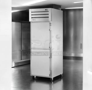 True GDM-43EM two-door commercial display refrigerator, pristine condition, tested and working, 115V, on wheels.