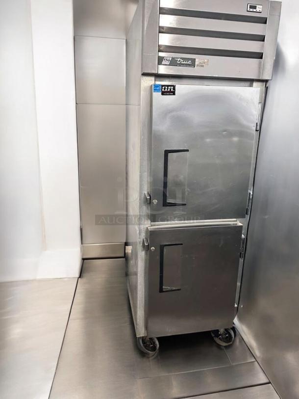 True GDM-43EM two-door commercial display refrigerator in pristine condition, stainless steel finish, 115V, tested, working.